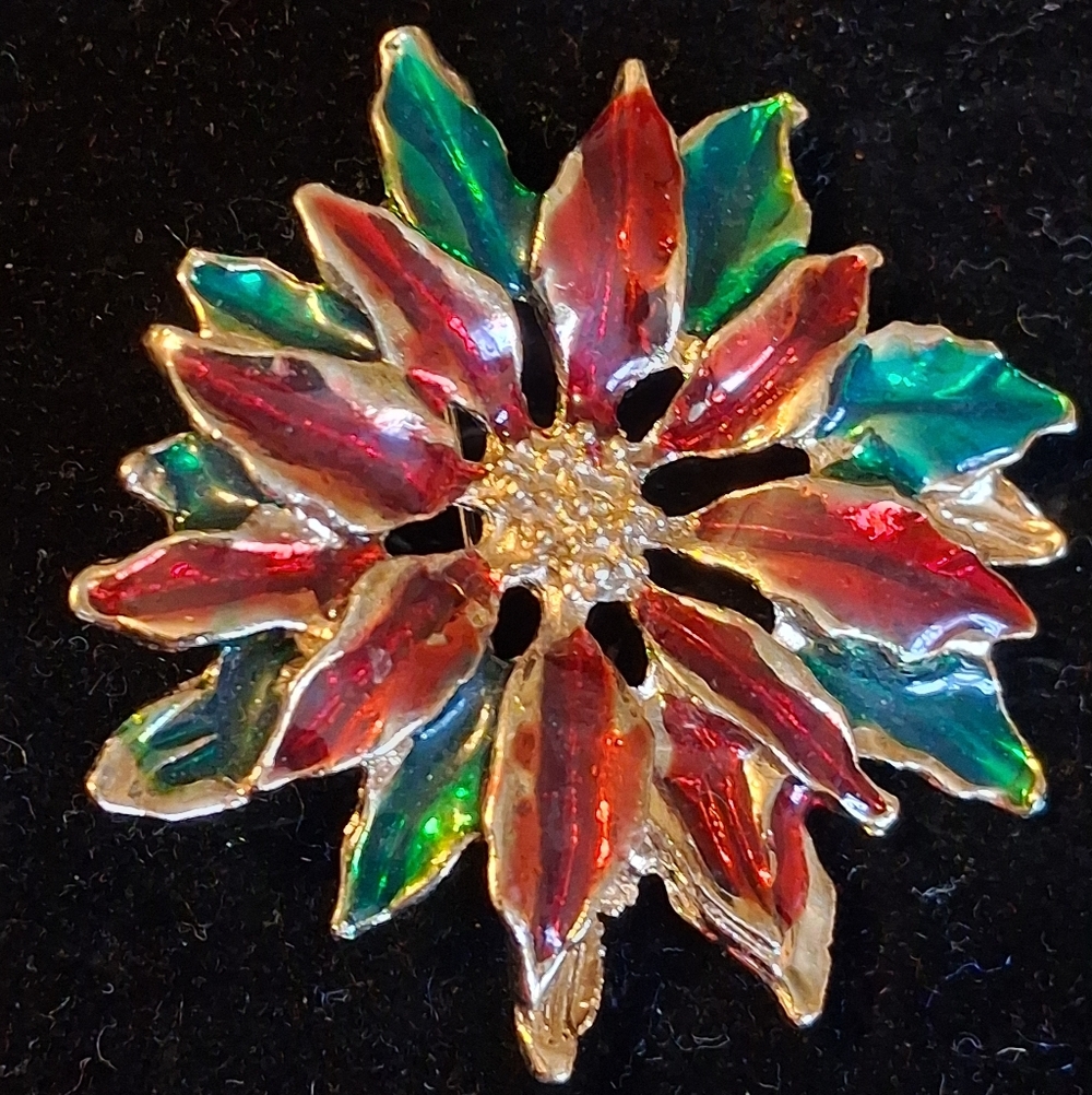 Vintage Goldtone Poinsettia Brooch With Green Enamel Leaves, Red Petals